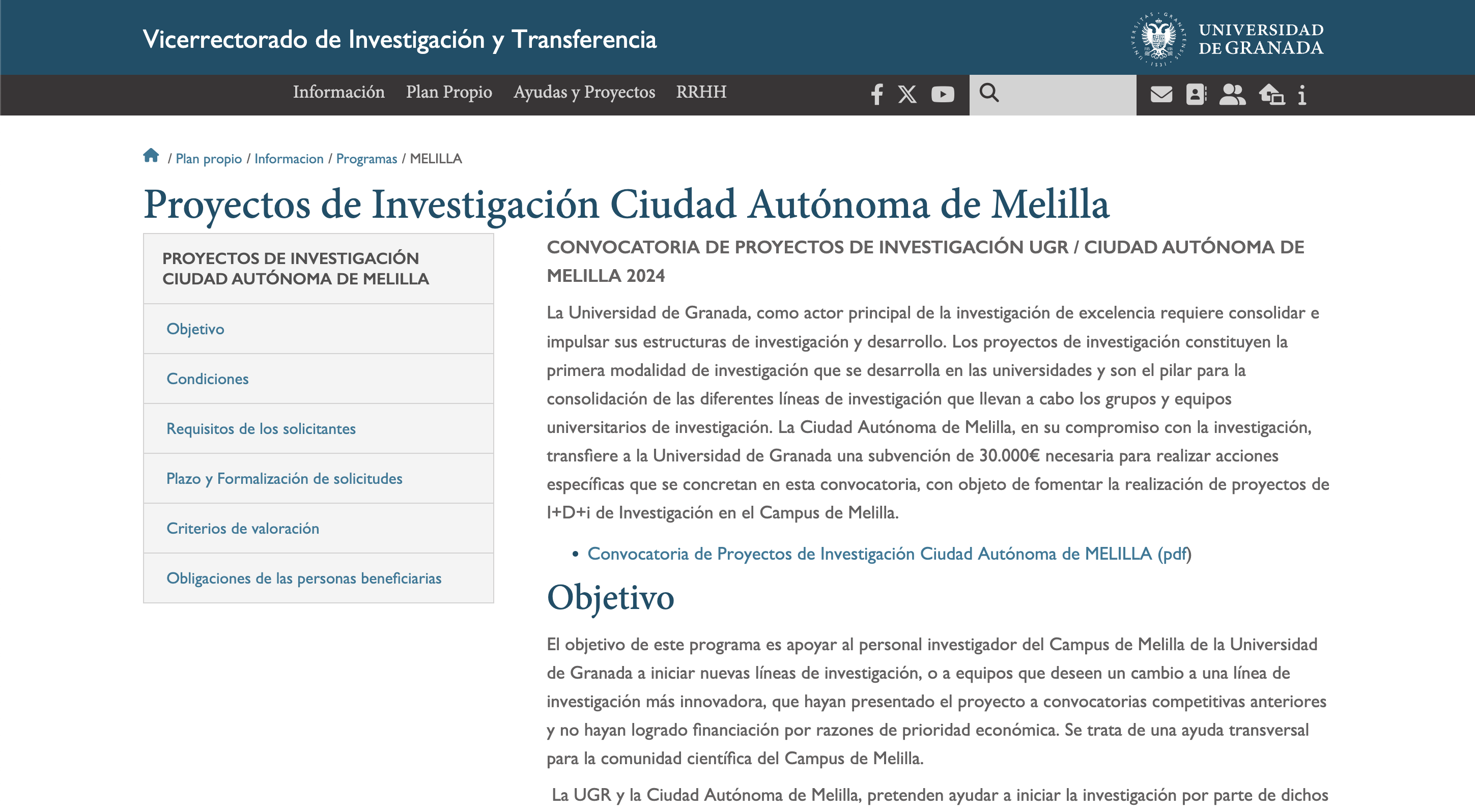 Convocatoria Proyectos de Investigación UGR-Ciudad Autónoma de Melilla