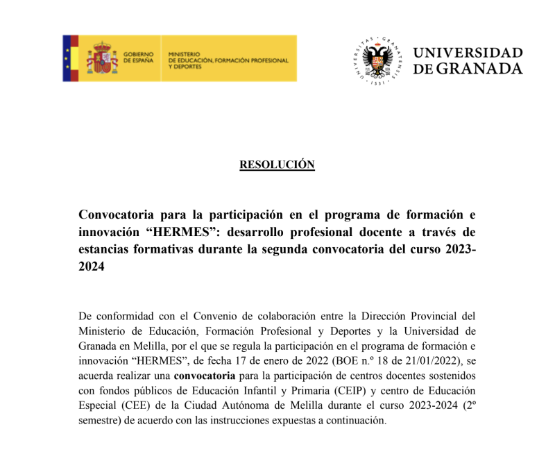 Segunda convocatoria para la participación en el programa de formación HERMES 2023-2024 Segunda convocatoria para la participación en el programa de formación HERMES 2023-2024