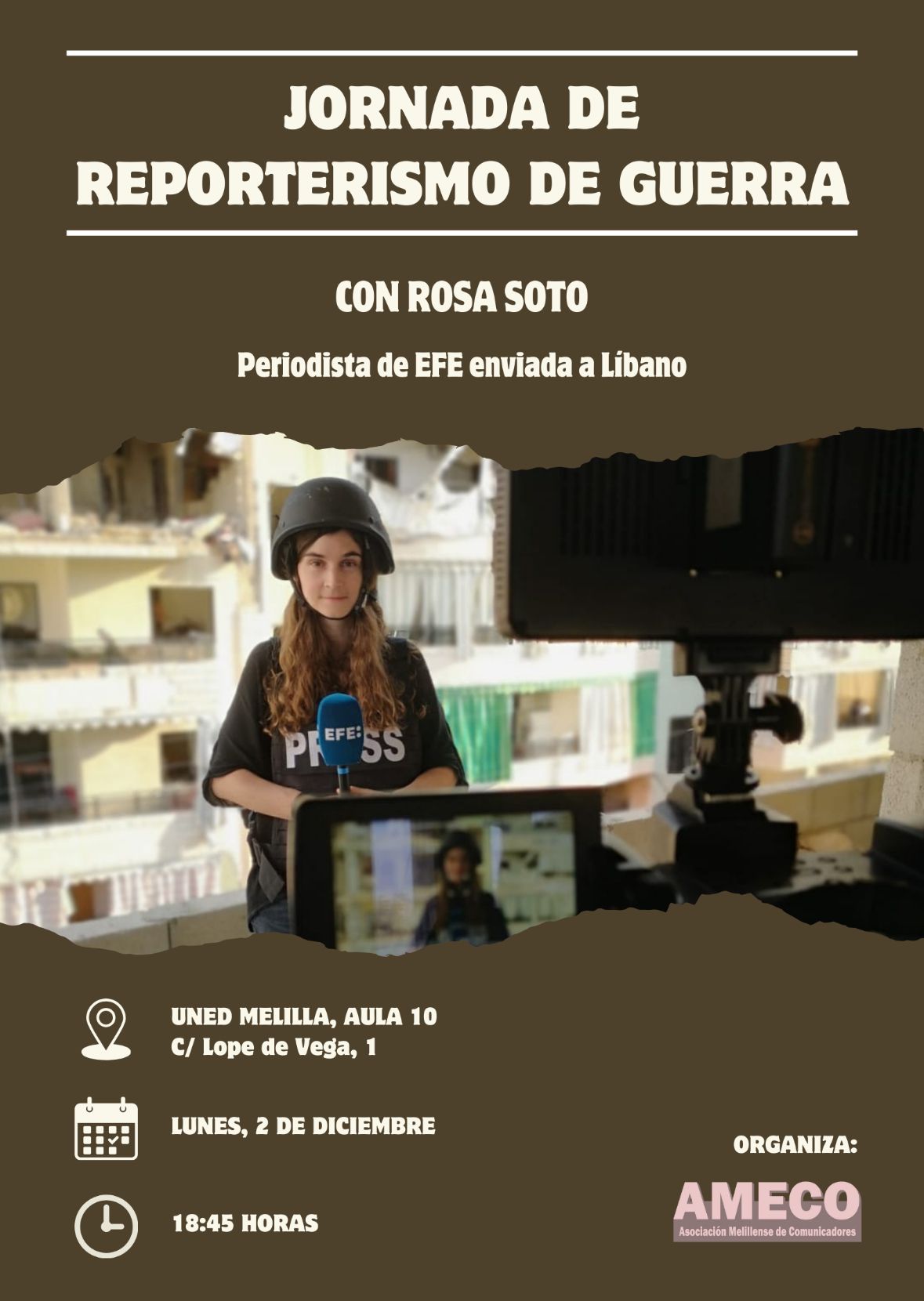 Rosa Soto, asesora de comunicación de Faedumel, imparte una conferencia sobre reporterismo de guerra