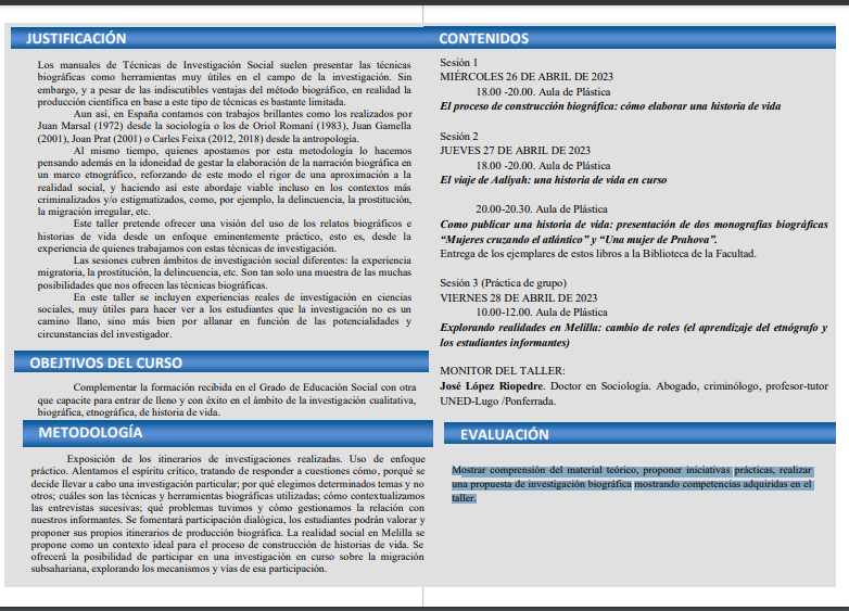 Taller 'Relatos biográficos e historias de vida: construcción desde un marco etnográfico' Taller 'Relatos biográficos e historias de vida: construcción desde un marco etnográfico'