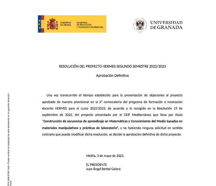 Resolución definitiva del proyecto Hermes - Segundo semestre 2022-2023 Resolución definitiva del proyecto Hermes - Segundo semestre 2022-2023