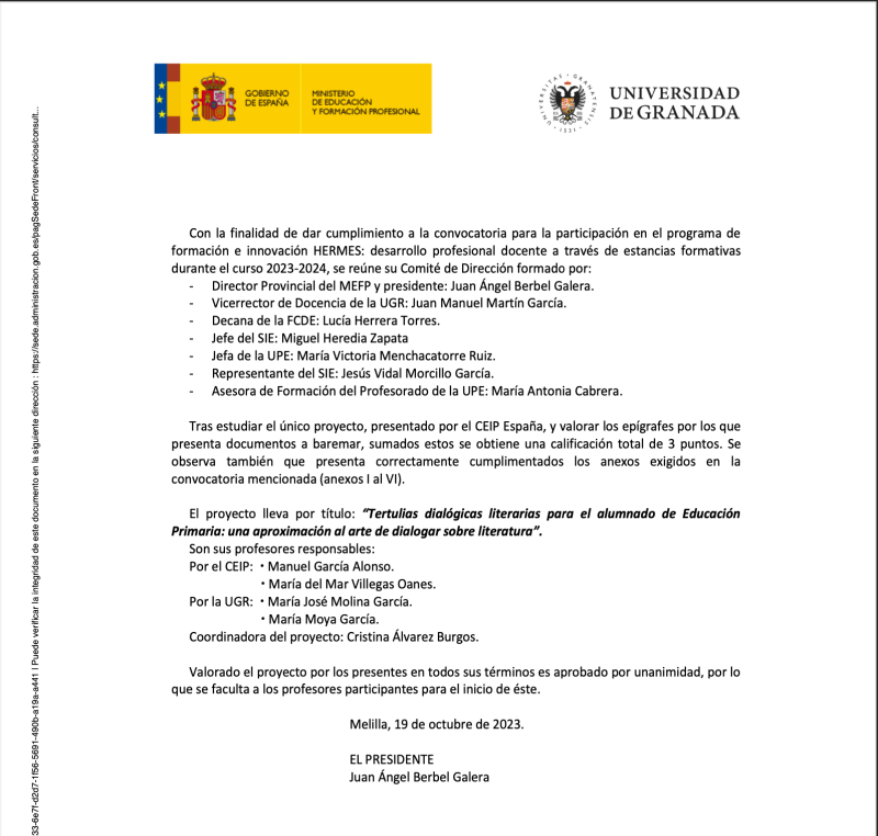 Resolución provisional Convocatoria Programas Estancias Formativas Hermes 2023/2024