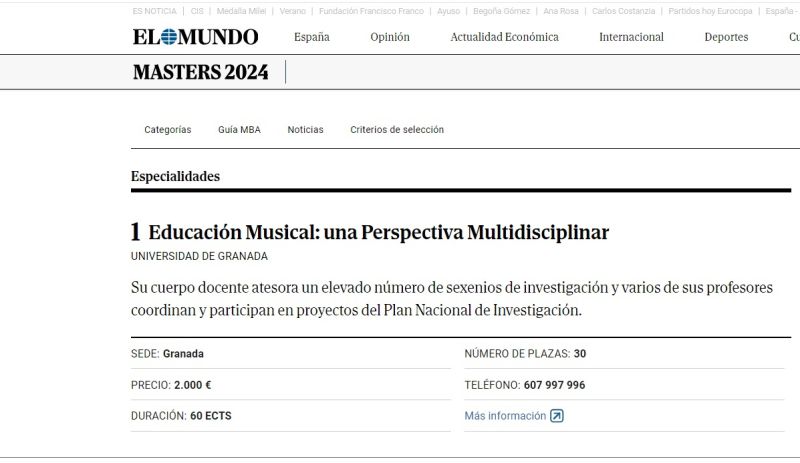 El máster en Educación Musical, el mejor por sexto año consecutivo en la clasificación de El Mundo El máster en Educación Musical, el mejor por sexto año consecutivo en la clasificación de El Mundo
