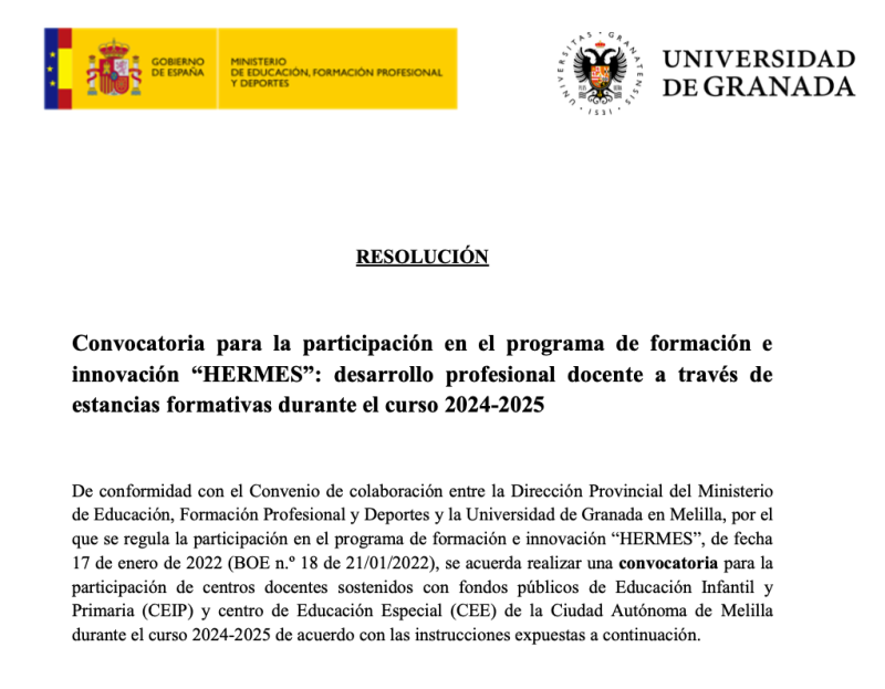 Convocatoria para la participación en el programa de formación e innovación HERMES 2024-2025 Convocatoria para la participación en el programa de formación e innovación HERMES 2024-2025