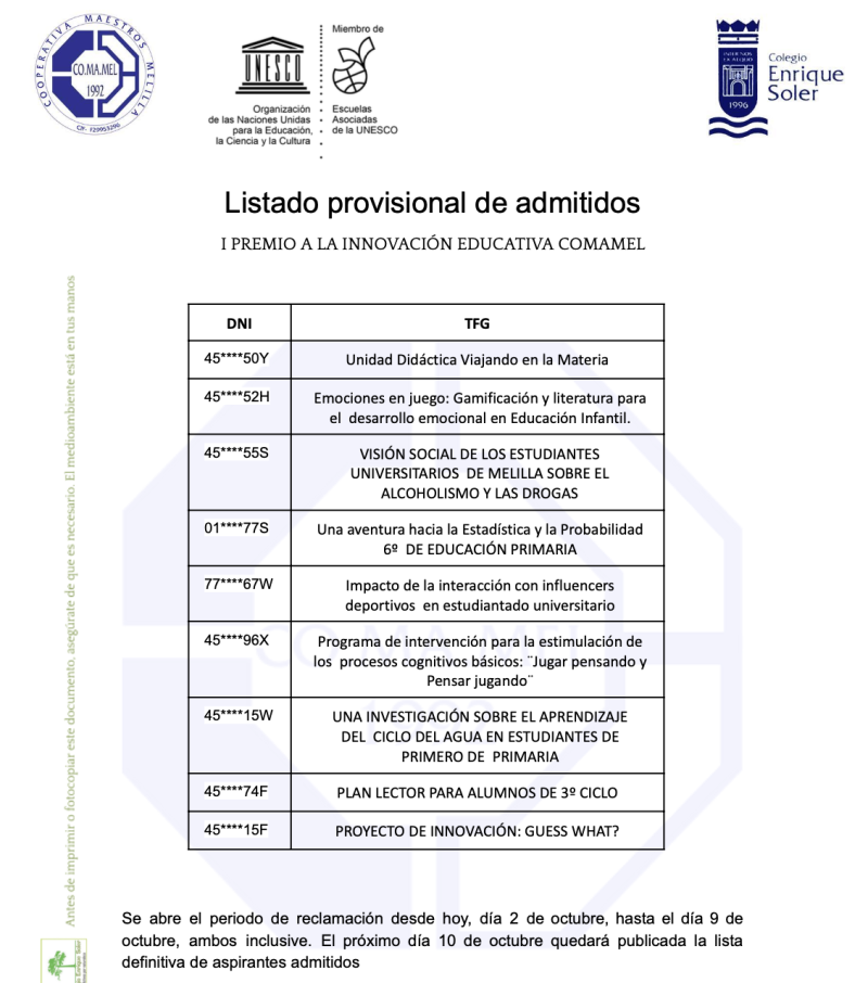 Listado provisional de admitidos al I Premio a la Innovación Educativa Comamel Listado provisional de admitidos al I Premio a la Innovación Educativa Comamel