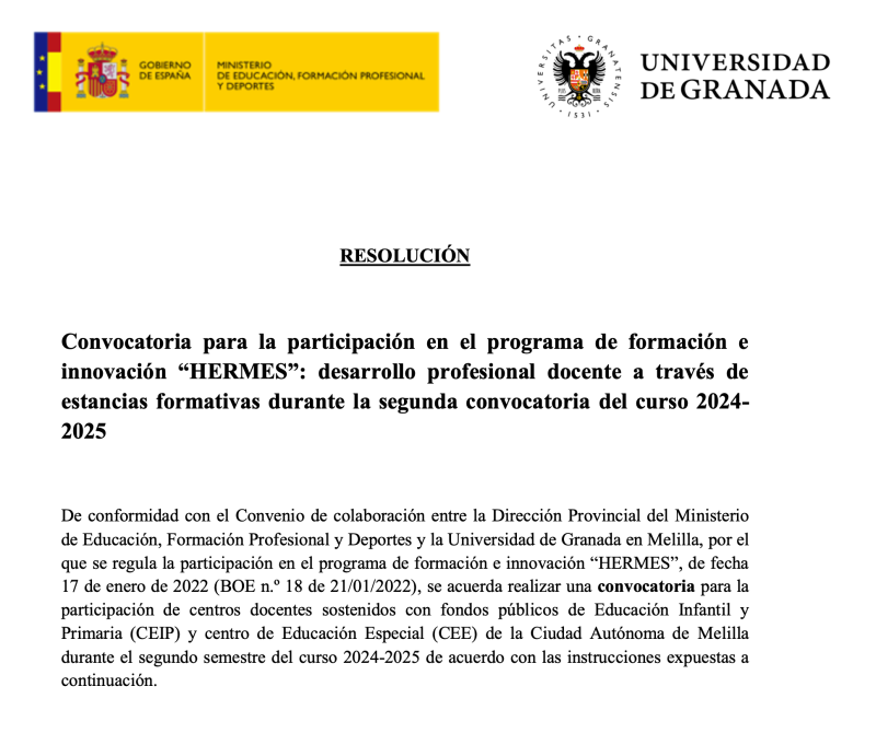 Convocatoria para la participación en el programa de formación e innovación 'HERMES' Convocatoria para la participación en el programa de formación e innovación 'HERMES'