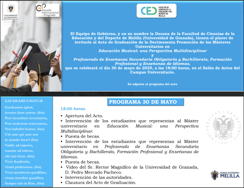 Acto de graduación de la decimosexta promoción de los másteres en Educación Musical y Profesorado Acto de graduación de la decimosexta promoción de los másteres en Educación Musical y Profesorado