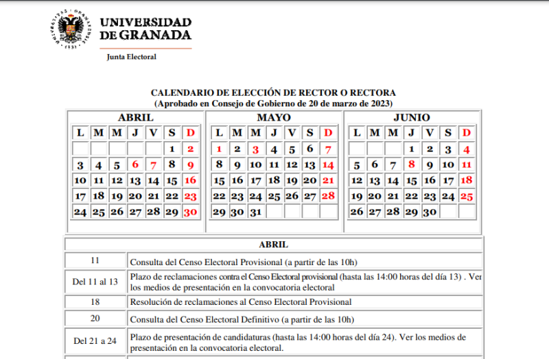 Calendario de elecciones al rectorado de la Universidad de Granada