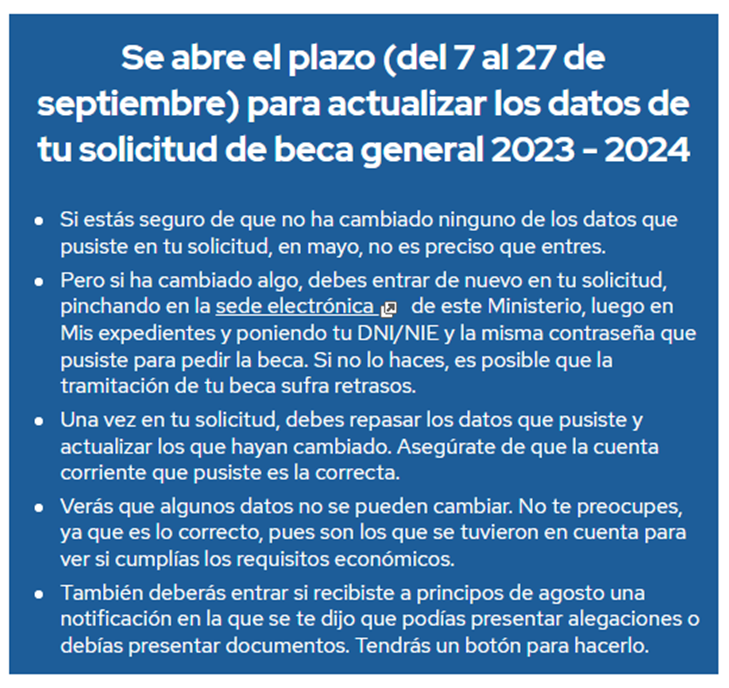 Abierto el plazo para actualizar los datos de la solicitud de beca general 2023-2024