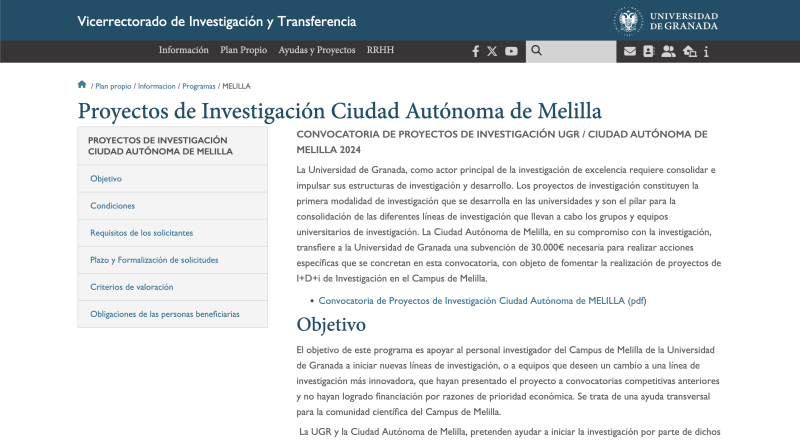 Convocatoria Proyectos de Investigación UGR-Ciudad Autónoma de Melilla Convocatoria Proyectos de Investigación UGR-Ciudad Autónoma de Melilla