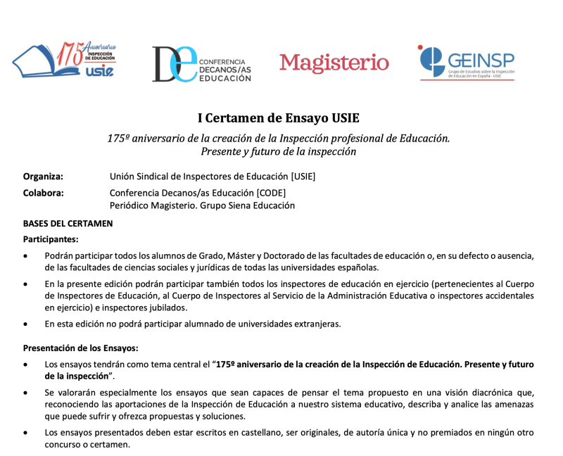 I Certamen de Ensayo USIE por el 175 aniversario de la Inspección profesional de Educación I Certamen de Ensayo USIE por el 175 aniversario de la Inspección profesional de Educación