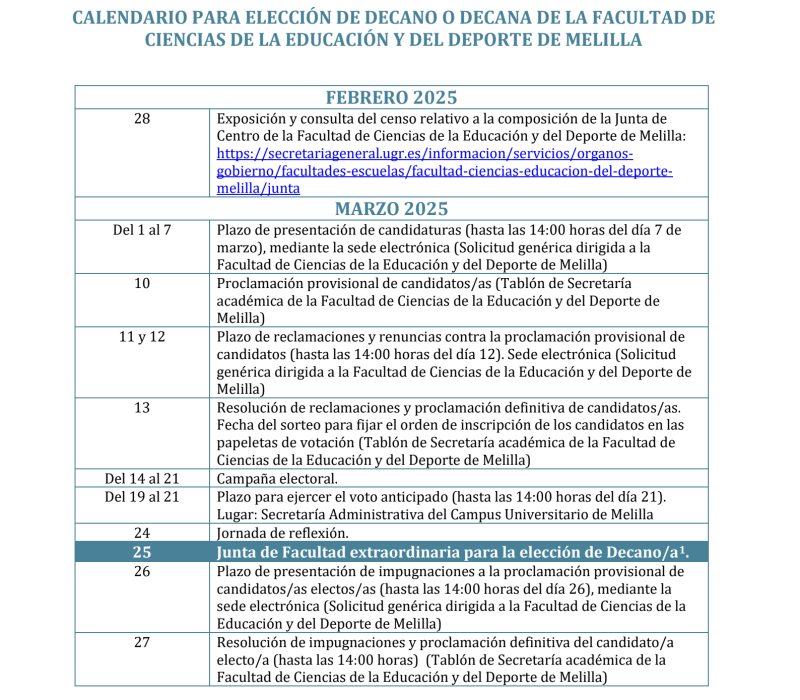 Calendario para elección de decano/a de la Facultad de Ciencias de la Educación y del Deporte Calendario para elección de decano/a de la Facultad de Ciencias de la Educación y del Deporte