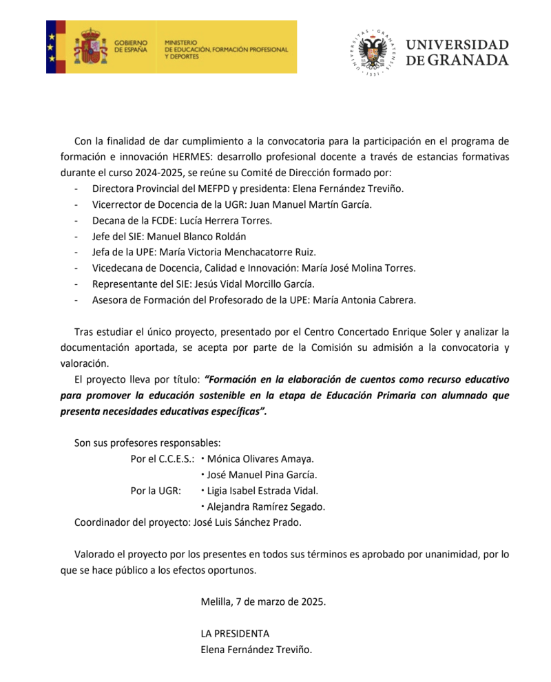 Resolución provisional del programa de estancias formativas HERMES Resolución provisional del programa de estancias formativas HERMES